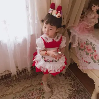 1-6Y las Niñas de Bebé de color Rojo Vintage español Pompón de Vestido de Encaje Vestido de Lolita Vestido de Princesa para las Niñas de Navidad Vestido de Fiesta de Cumpleaños