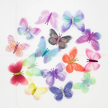 100PCS Gradiente de Color de Tela de Organza Apliques de Mariposas 60mm Translúcido de Gasa de la Mariposa por Parte de la Decoración, Adorno de Muñeca