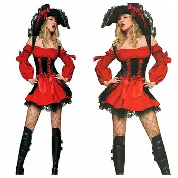 1set/lot Pirata Disfraces Rendimiento Sexy Adulto de Disfraces de Halloween Vestido de mujer poliéster traje de pirata