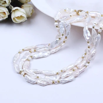 2016 único blanco biwa perlas de agua dulce collar irregular plana barroco de agua dulce de la perla 3 capas de gargantilla collar de la joyería de las mujeres