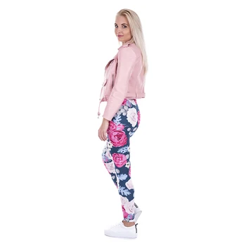 2017 las Mujeres de Moda Casual Básica Leggins ROSAS SILVESTRES Flores de color Rosa Impreso Leggings de talle Alto 95% Poliéster 5% Spandex Ajuste Legging