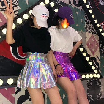2019 Moda de Verano de las Mujeres de la PU de Sólidos Harajuku Casual Sexy Láser de la Altura de la Cintura Micro Mini Corto JK Faldas Holográfica Faldas Plisadas