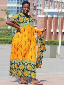 2019 Nueva Moda Amarillo De Colores Impresos Partido De Algodón De África Dashiki Vestido