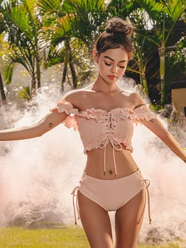 2019 Nuevas Mujeres de corea del Bikini Establece Lindo de Dos piezas Traje de baño de color Rosa Sólido Frente Empate Sierra Crop Top Sexy TuTu Hinchada de ropa de Playa