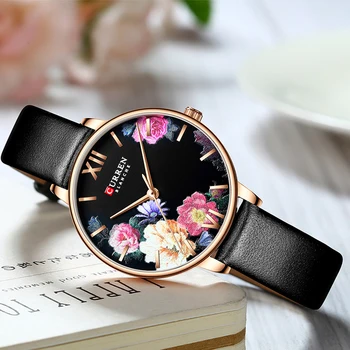 2019 Tendencia de la Moda de la Flor de Cuero de los Relojes de CURREN Negro Clásico reloj de Pulsera Mujer Reloj de Señoras del Reloj de Cuarzo relogios feminino