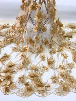 2020 Blanco flores 3D Africana de la tela de encaje con cuentas de encaje francés de tela de dubai apliques de encaje de tul de novia/vestido de fiesta de encaje KJL9727A