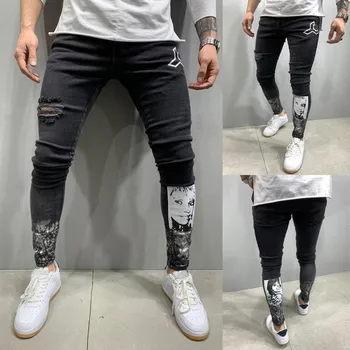 2020 Hombres Jeans Impreso Cremallera Denim Vintage Hip Hop Pantalones De Trabajo De Pantalones Vaqueros