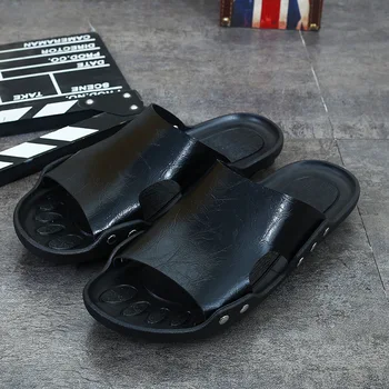 2020 Hombres Zapatillas de Cuero ropa de Verano Transpirable Sandalias Fuera de Vacaciones de la Moda de Playa de Arrastre de Fondo Suave antideslizante Zapatillas