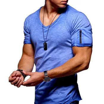 2020 Hombres de la Moda de cuello en V T-shirt S-5XL Tamaño de Fitness Culturismo camiseta de la Calle Alta de Verano de Manga Corta Cremallera Casual de Algodón Superior