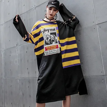 2020 Otoño Vitnage Dess las Mujeres a Rayas de Manga Larga Vestido de Anillo de Metal Punk Vestidos Más el Tamaño de Hip-hop coreano Camisa Vestidos LT235S30