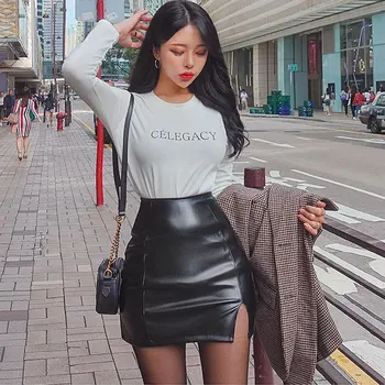 2020 Plus Tamaño Mini de la PU de la Falda Femenina Streetwear Split Tramo coreano Sexy Otoño Falda de las Mujeres de Cuero de Imitación Falda Corta