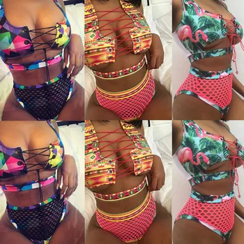 2020 Sexy Brasileña Bikini Traje De Baño De Las Mujeres Africanas De Impresión Vendaje De Trajes De Baño De Malla Thong Bikini Set De Cintura Alta Del Traje De Baño Más Del Tamaño