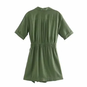 2020 Verano Nueva Solapa de Bolsillo verde del ejército zaraing estilo za de las mujeres se visten vadiming sheining vestido de mujer vintage, más el tamaño de Hjh4205