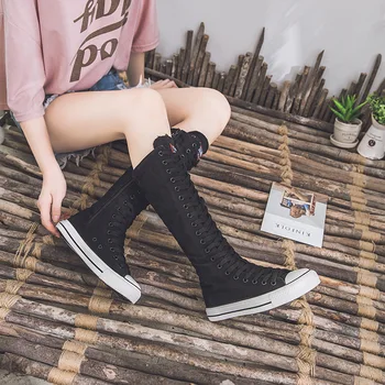 2020 de la moda nueva 3Colors de las mujeres botas de lona de encaje cremallera de la rodilla botas altas botas de los zapatos planos casuales de alta ayuda punk de los zapatos de las niñas