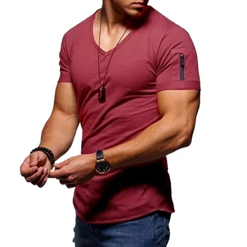 2020 hombres cuello en V T-shirt de fitness culturismo camiseta de la calle alta de verano de manga corta con cremallera casual de algodón superior