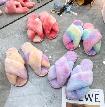 2020 las Mujeres Zapatillas de Casa arco iris de Invierno Cálido Zapatos de Mujer Deslizarse sobre Pisos de Diapositivas Mujeres de Piel Sintética Zapatillas Más el Tamaño de 41
