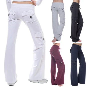 2020 las Mujeres de Color Sólido Multi-bolsillo de Botón de Estiramiento Pantalones Slim Deporte Pantalones pantalones de las mujeres de Cintura Alta Suelto Streetwear pantalones брюки