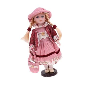 30cm Muñeca de Porcelana Vintage de Niña de las Personas Figura con Vestido de color Rosa y Bolso Traje de Colección