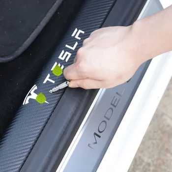 4Pcs/Set de Puerta de Coche de Pedales Protector de la etiqueta Engomada 3D de Cuero de Fibra de Carbono de la Tira de Umbral para el Tesla Model 3 Car Styling Accesorios