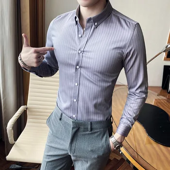 5Colors coreano Slim Fit Negocio de ropa Formal a Rayas de los Hombres Camisas de Vestir de Manga Larga de Simple Señores de la Oficina de Blusas de Calidad Superior