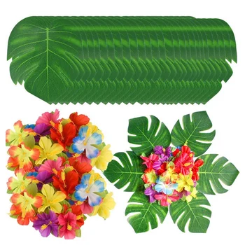 90PcsTropical Hojas de Palma y Flores de Hibisco, Artificial Hojas de Plantas de Flores de Hibisco Fete Deco, Hawai Parte de la Selva Beac