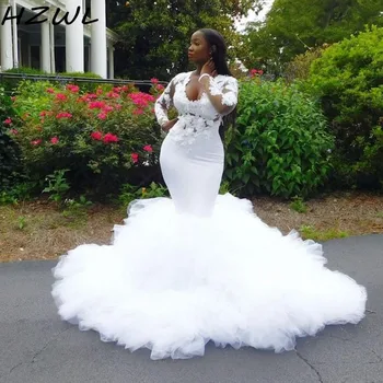 Africano de Sirena de la Boda Vestidos de Volantes 3D Apliques de Encaje de Novia Más el Tamaño de Vestido de manga Larga Ilusión de Novia vestidos de novia