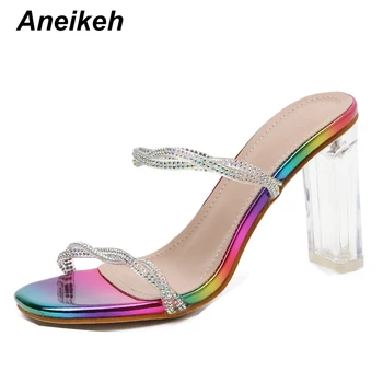 Aneikeh 2020 de Verano de la Moda del color del arco iris de Metacrilato Zapatilla de Cristal de la Mujer de Cristal Tacones Peep Toe Mulas Damas Diapositivas Parte