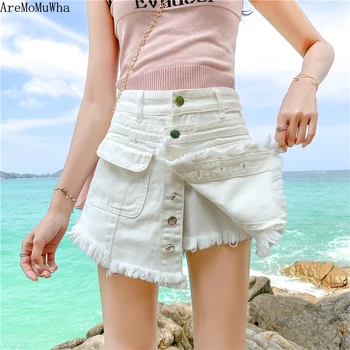AreMoMuWha Versión en coreano de Gran Tamaño de Cintura Alta pantalones Cortos de Mezclilla de Mujer de Verano Salvaje Suelto Delgada Peludo Ancho de la Pierna Cortos QX1157