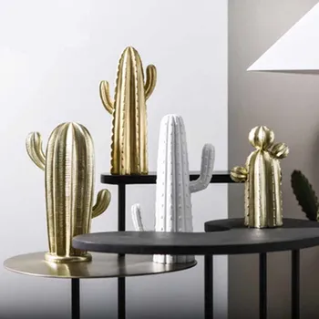 Artificial de Cactus para la Decoración del Hogar Accesorios para la Sala de estar de Estilo Nórdico de Oro Blanco de Cactus Adorno de Resina Figuritas