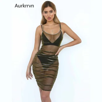 Aurkrrvn Perspectiva de Malla Sexy Vestidos de Mujer de la Noche el Club de la Correa de Espagueti Transparente Mini Vestido de Dama de Rejilla Sin espalda Vestido de