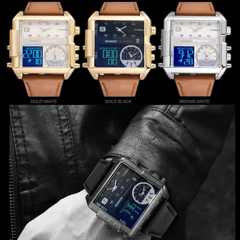 BOAMIGO Relojes para Hombre 3 Zona horaria Gran Dail Multifunción de la Moda Militar LED Reloj Deportivo de Cuero Impermeable Masculino Reloj F920