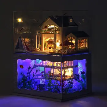 BRICOLAJE de casa de Muñecas en Miniatura Modelo de Hawaii Villa Casa Con la Cubierta de la Luz de Regalo de la Decoración de la Colección de Juguetes de Regalo Para el Amigo de los Niños