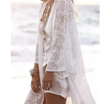 Bohemio de las Mujeres Franja de Encaje chaqueta kimono Blanco con Borlas de la Playa de la Cubierta Hasta el Cabo de Tops Blusas s72