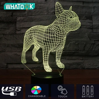 Bulldog francés 3D LED Lámpara de Noche Táctil de 7 Cambio de Color al Lado de las Luces USB Holograma de la Decoración del Hogar, Regalos de Vacaciones estado de Ánimo de Luz de Navidad