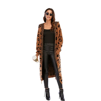 CGYY las Mujeres de la Impresión del Leopardo de Manga Larga Knittd Cardigan Abierto Frente a la temporada Otoño-Invierno Suéter Outwear Abrigo con Bolsillo