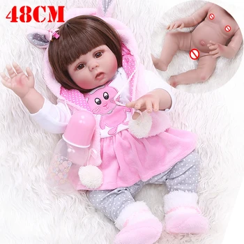 Cabello lacio 48 CM bebe reborn niño de la muñeca de la muchacha del conejo vestido de cuerpo completo de suave silicona realista, flexible bañera de bebé de juguete