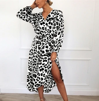 Caliente Elegante de las Mujeres Envoltura de Leopardo Impresa Boho Largo Maxi Vestido Casual Vendaje de Bodycon Manga Larga V Cuello Suelto Club de los Vestidos nuevos