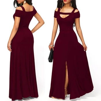 Caliente de los Vestidos de las Mujeres Casual, Largo Maxi de la Noche de Fiesta en la Playa Vestido Largo Sólido Rojo Vino Cuadrado Negro Collar de Traje de Verano