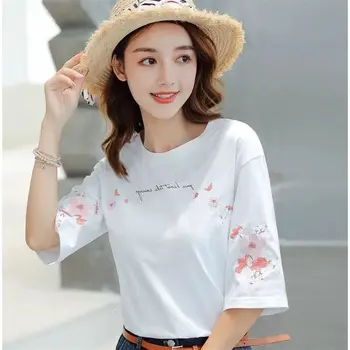 Camiseta blanca de las Mujeres de Verano de la Camisa Bordado de la Alta calidad Algodón de manga Corta de las Señoras Tops Casual color Sólido de color Rosa
