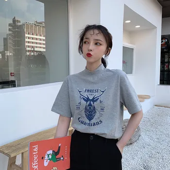 Camisetas de Mujer Elegante Impreso Estilo coreano de Moda de Todo el partido para Mujer de la Ropa Diaria Simple de Cuello alto de Manga Corta de Verano Chic
