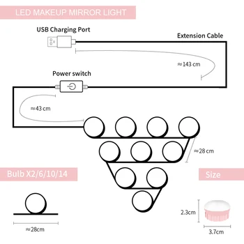 CanLing Led Espejo de Maquillaje Bombilla de Luz de Hollywood Tocador de Maquillaje de las Luces USB 2/6/10/14 unidades Regulable Pared de la Habitación de la Lámpara de tocador