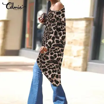 Celmia 2021 Moda Asimétrica Tops Sexy De Leopardo De Impresión De Las Mujeres Blusas De Las Señoras De Los Hombros Fuera Casual, Camisas Largas, Más El Tamaño De Blusas