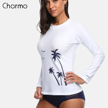 Charmo las Mujeres de Manga Larga Camisa de Licra Traje de baño de Camisetas de UPF50+ Árbol de Coco trajes de baño UV-Protección de la Guardia de Erupción de la parte Superior de Surf Camiseta
