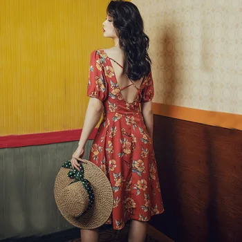 Cheerart Vintage De Playa De Verano Vestido De Cuello En V Profundo Floral De Gasa Sin Espalda Vestido De Las Mujeres Túnica Pajarita Roja Vestido De 2019