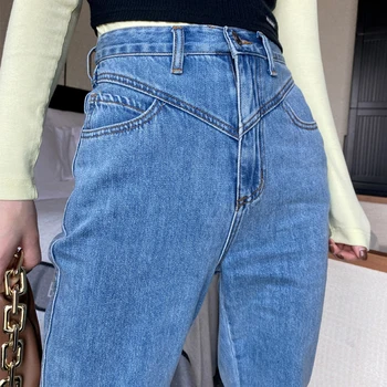 Cintura alta pantalones Vaqueros para Mujer 2020 del Dril de algodón de las Señoras Desigual Longitud Completa Streetwear Flare Pants Azul de Otoño de Ropa de Mujer