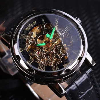 Clásico De La Moda De Roma Relojes De Los Hombres Relojes Esqueleto Ganador Mecánicos Mano De Viento De Relojes De Pulsera De Los Hombres De Negro Relojes De Oro A Precio Barato