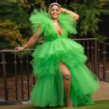Colorido 2021 Exuberante Verde De Tul Vestidos De Baile Volantes Niveles Raja Larga Vestidos De Fiesta Vestido De Fiesta De Cumpleaños Más El Tamaño