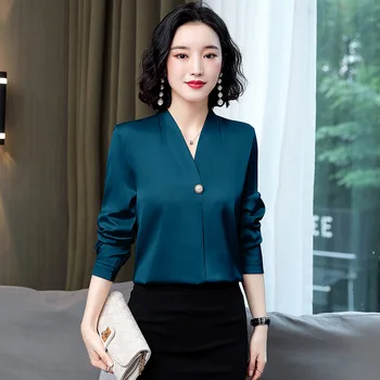 Corea Plus Tamaño de la Gasa de la Camisa de 8 Colores de Moda V-cuello Delgado Botón de la parte Superior 2021 de Satén de Seda de Manga Larga de la Oficina de la Blusa de las Mujeres 13043