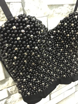 'Crop tops' perla negra sexy bustier de diamante de imitación de las Mujeres de la ropa interior Bras corsé chaleco de moda de la correa de espagueti de tamaño más de moda de fiesta