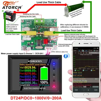 DT24P DC1000V/0~200A Pantalla Digital fuente de Alimentación DC Voltímetro Amperímetro Capacidad de la Batería Probador de la Batería el Medidor de Combustible Medidor de